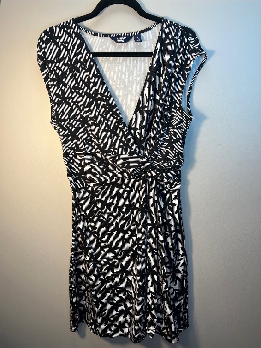 Lands' End Black & White Geometric Faux-Wrap Midi Dress with Twist Waist